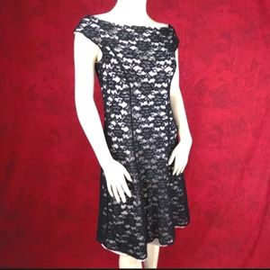 Delaru black lace white satin overlay a-line dress